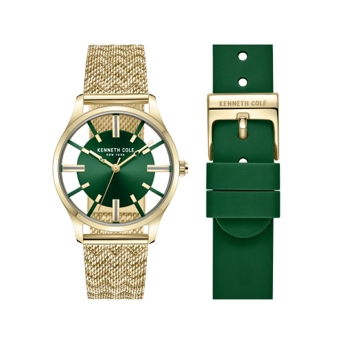 Women's Quartz Gold-Tone Stainless Steel Mesh Bracelet and Green Genuine Leather Strap Watch 34.5mm Gift Set