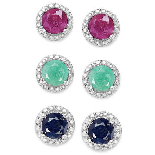 Emerald (1/2 ct. t.w.), Ruby (5/8 ct. t.w.) and Sapphire (5/8 ct. t.w.) Earring Set in Sterling Silver