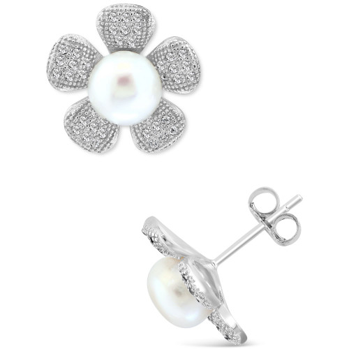 EFFY® Cultured Freshwater Pearl (7mm) & White Topaz (1-1/20 ct. t.w.) Flower Stud Earrings in Sterling Silver