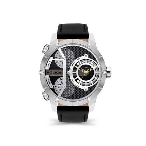 Men's Triple Time Black Leather Strap Watch 50mm