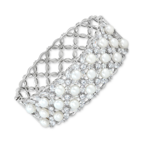 Cultured Freshwater Button Pearl (6 - 6-1/2mm) & Cubic Zirconia Lattice Statement Bracelet in Sterling Silver