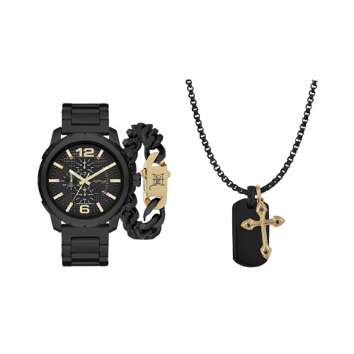 Men's Matte Black Metal Bracelet Watch 50mm Gift Set