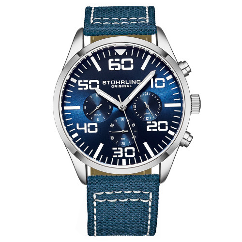 Men's Chrono Dark Blue Canvas with Light Blue Contrast Stitching Strap Watch 42mm