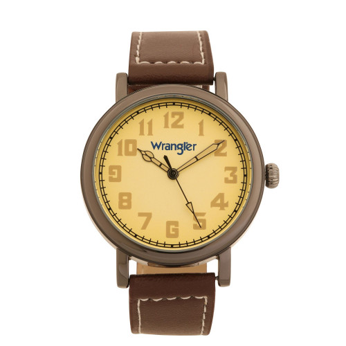 Men's Watch, 50MM Antique Grey Case with Beige Dial, White Arabic Numerals, with White Hands, Brown Strap with White Stitching, Over Sized Crown