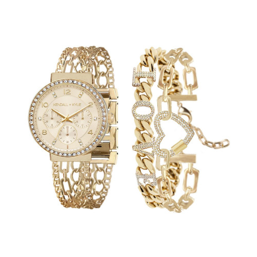Women's Two-Tone Gold and White Crystal 'Love' Stainless Steel Strap Analog Watch and Bracelet Set 40mm