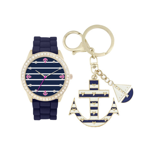 Women's Analog Navy Sailor Strap Watch 34mm with Anchor and Boat Key Chain Cubic Zirconia Gift Set