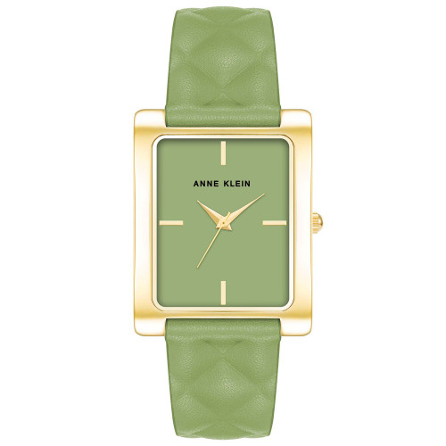 Women's Three Hand Quartz Rectangular Gold-Tone Alloy and Green Genuine Leather Strap Watch, 32mm