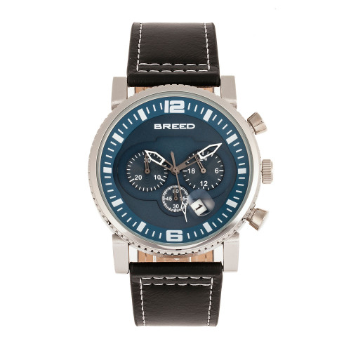 Quartz Ryker Blue Face Chronograph Genuine Black Leather Watch 45mm