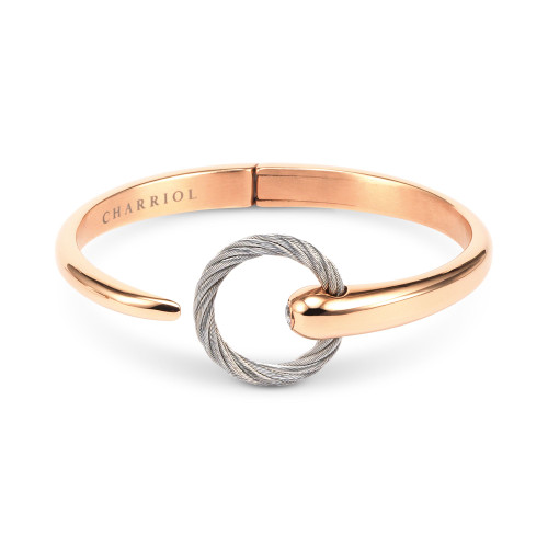 White Topaz Two-Tone Bangle Bracelet (1/5 ct. t.w.) in Stainless Steel & 14k Rose Gold-Plated Stainless Steel PVD