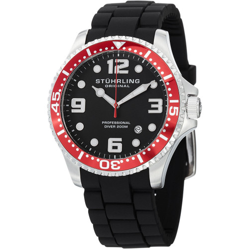 Original Stainless Steel Case on Black High Grade Silicone Rubber Interchangeable Strap With Additional Red Silicone Rubber Strap, Red Bezel, Black Dial, With Silver Tone and White Accents