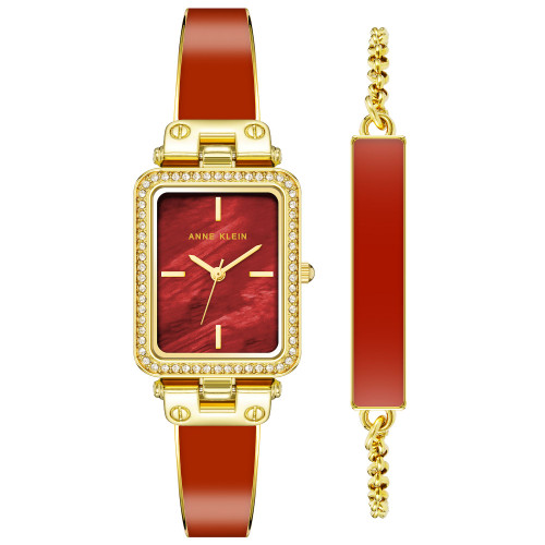 Women's Orange Enamel and Gold-Tone Alloy Bangle Watch Set 33.5mm