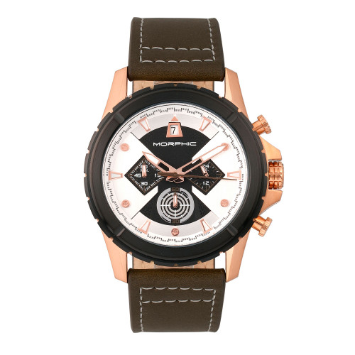 M57 Series, Rose Gold Case, Olive Chronograph Leather Band Watch, 43mm