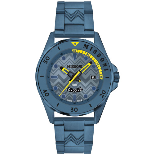 Men's Swiss GMT Blue Ion Plated Bracelet Watch 43mm