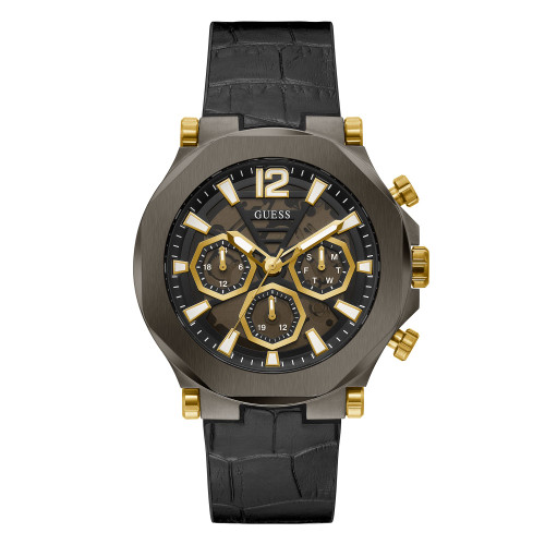 Men's Multi-Function Black and Gunmetal Genuine Leather and Silicone Watch 46mm