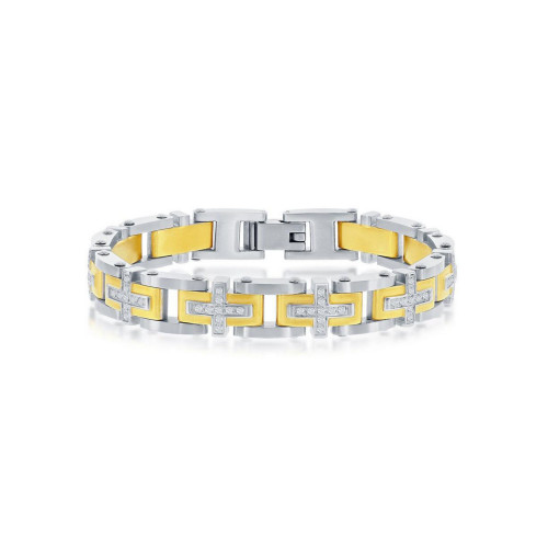 Mens Stainless Steel Two-Tone CZ Cross Link Bracelet