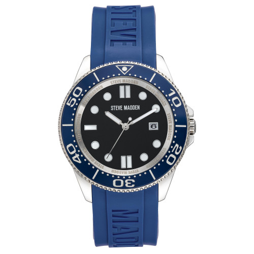Men's Blue Silicone Strap Embossed with Steve Madden Logo Watch, 44X50mm