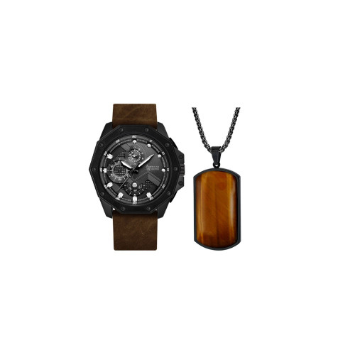 Men's Analog Brown Leather Watch 48mm Gift Set, 2 Pieces