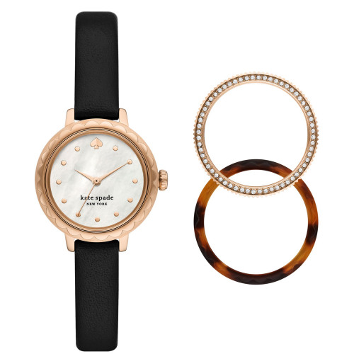 Women's Morningside Black Leather Strap Watch and Top Ring Set, 34mm