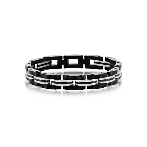 Mens Stainless Steel Two-Toned Striped Link Bracelet - Black & Silver