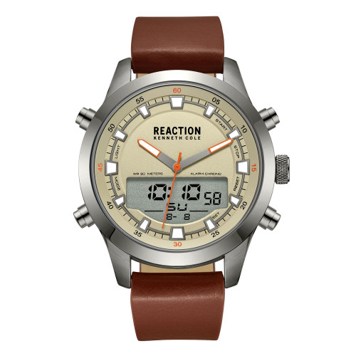 Men's Ana-digi Brown Synthetic Leather Strap Watch, 46mm