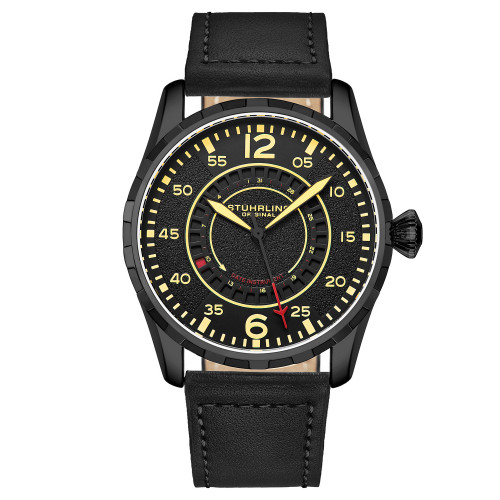 Men's Quartz Black Genuine Leather Strap Watch 44mm