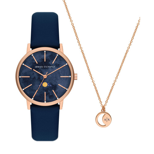 Women's Quartz Multifunction Blue Leather Watch 36mm Set, 2 Pieces