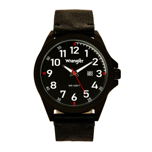 Men's Watch, 48MM IP Black Case, Black Dial, White Arabic Numerals, Black Strap, Analog, Red Second Hand, Date Function