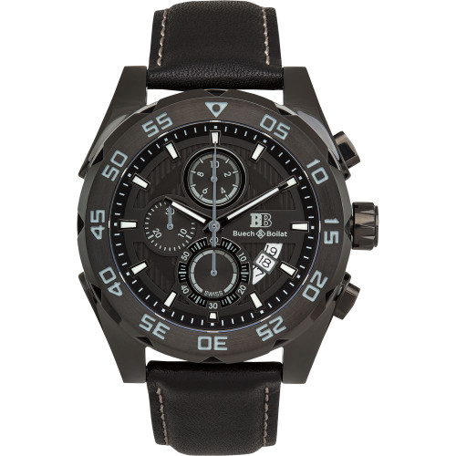 Torrent Men's Chronograph Watch Black Leather Strap, Black Dial, 44mm