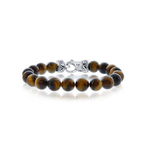 Mens Stainless Steel 10mm Tiger Eye Bead Stone Bracelet