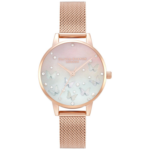 Women's Sparkle Butterfly Rose Gold-Tone Mesh Bracelet Watch 30mm