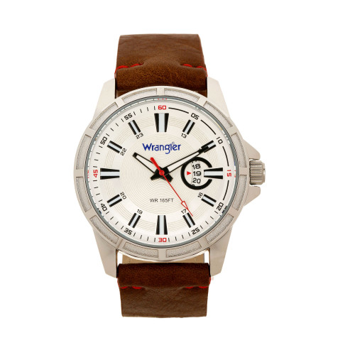 Men's Watch, 46MM Silver Colored Case with Cutout Bezel, Silver Milled Dial with White Index Markers, Analog. Red Second Hand and Cutout Crescent Date Function, Brown Strap with Red Accent