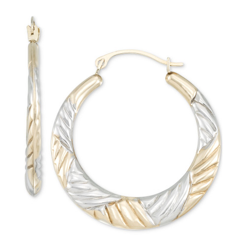 Diamond Cut Graduated Round Hoop Earrings in 10k Two-Tone Gold