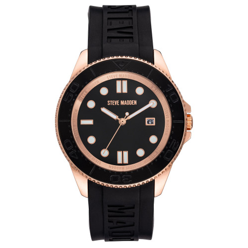 Men's Black Silicone Strap Embossed with Steve Madden Logo Watch, 44X50mm