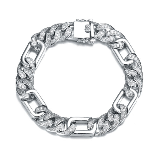 Men's Sterling Silver White Gold Plated with Iced Out Cubic Zirconia Oblong Curb Chain Bracelet