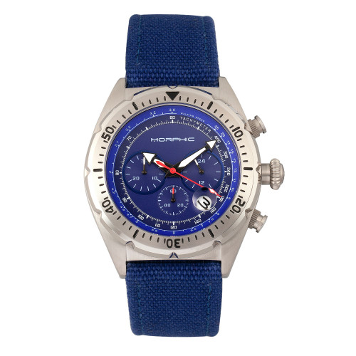M53 Series, Silver Case, Chronograph Fiber Weaved Blue Leather Band Watch w/Date, 45mm