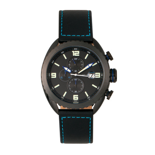 M64 Series, Black Case, Chronograph Blue Piped Black Leather Band Watch w/ Date, 48mm