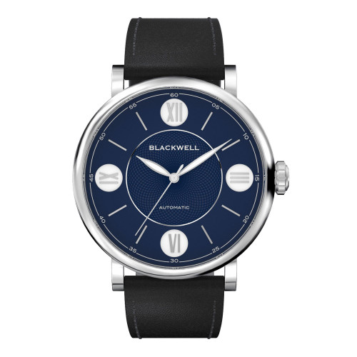Dark Blue Dial with Silver Tone Steel and Black Leather Watch 44 mm