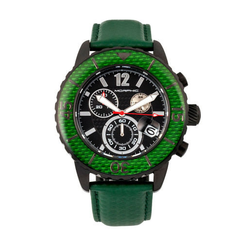M51 Series, Black Case, Green Leather Chronograph Band Watch w/Date