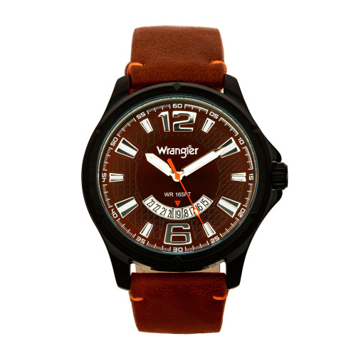 Men's Watch, 48MM IP Black Case, Brown Zoned Dial with White Markers and Crescent Cutout Date Function, Brown Strap with Red Accent Stitch Analog, Red Second Hand