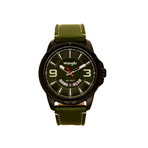 Men's Watch, 48MM Black Ridged Case with Green Zoned Dial, Outer Zone is Milled with White Index Markers, Outer Ring Has is Marked with White, Analog Watch with Red Second Hand and Crescent