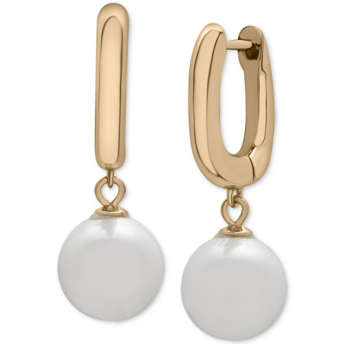 Cultured Freshwater Pearl (10mm) Dangle Huggie Hoop Earrings in 14k Gold-Plated Sterling Silver