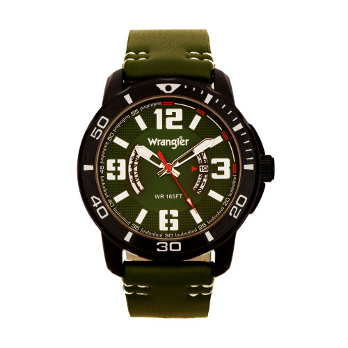Men's Watch, 48MM IP Black Case with White Printed Arabic Numerals on Outer Black Bezel, Black Dial with Dual Crescent Windows, Date Function, Green Strap with White Accent Stitch Analog