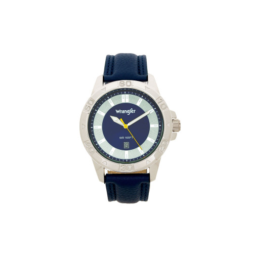 Men's Watch, 46MM Silver Colored Case with Embossed Arabic Numerals on Bezel, Blue Sunray Dial, Silver Index Markers, Analog, Blue Strap