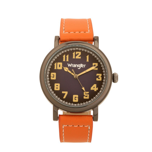 Men's Watch, 50MM Antique Grey Case with Blue Dial, White Arabic Numerals, with White Hands, Tan Color Strap with White Stitching, Over Sized Crown