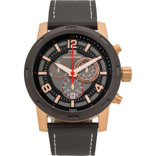 Baracchi Men's Chronograph Watch Black Leather Strap, White Stitching, Black/Grey Dial, Rose Gold Case, 46mm