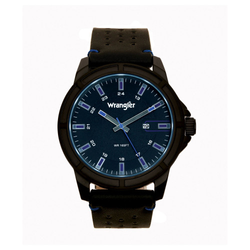 Men's Watch 48MM IP Black Case with Black Dial, Blue Index Markers, Sand Satin Dial, Analog, Date Function, Blue Second Hand, Black Strap with Blue Accent Stitch