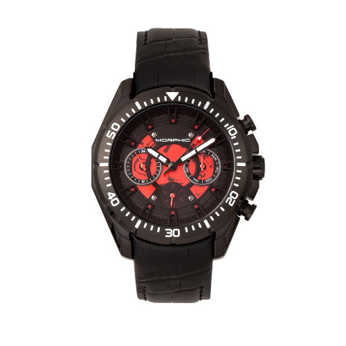 M66 Series, Skeleton Dial, Black Case, Black Leather Band Watch w/Day/Date, 45mm