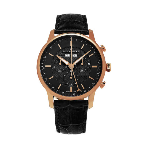 Alexander Watch A101-04, Stainless Steel Rose Gold Tone Case on Black Embossed Genuine Leather Strap
