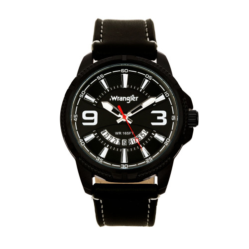 Men's Watch, 48MM Black Ridged Case with Black Zoned Dial, Outer Zone is Milled with White Index Markers, Outer Ring Has is Marked with White, Analog Watch with Red Second Hand and Crescent