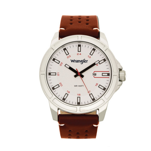 Men's, 48MM Silver Case with White Dial, White Index Markers, Sand Satin Dial, Analog, Date Function , Red Second Hand, Brown Strap with White Accent Stitch